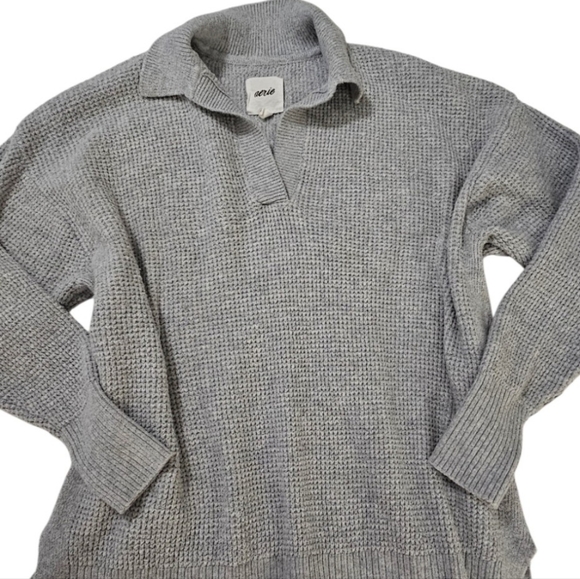 Aerie Gray Cozy Up Waffle Knit Polo Pullover Super Soft Sweater - Picture 2 of 13